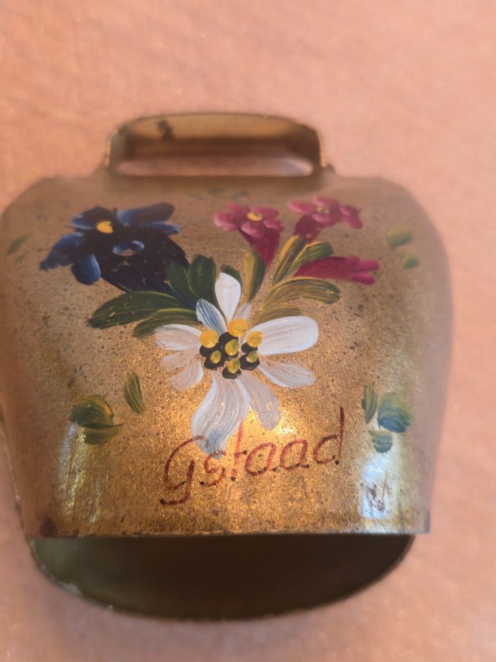 Gstaad Switzerland Brass looking cowbell Hand Painted Vintage